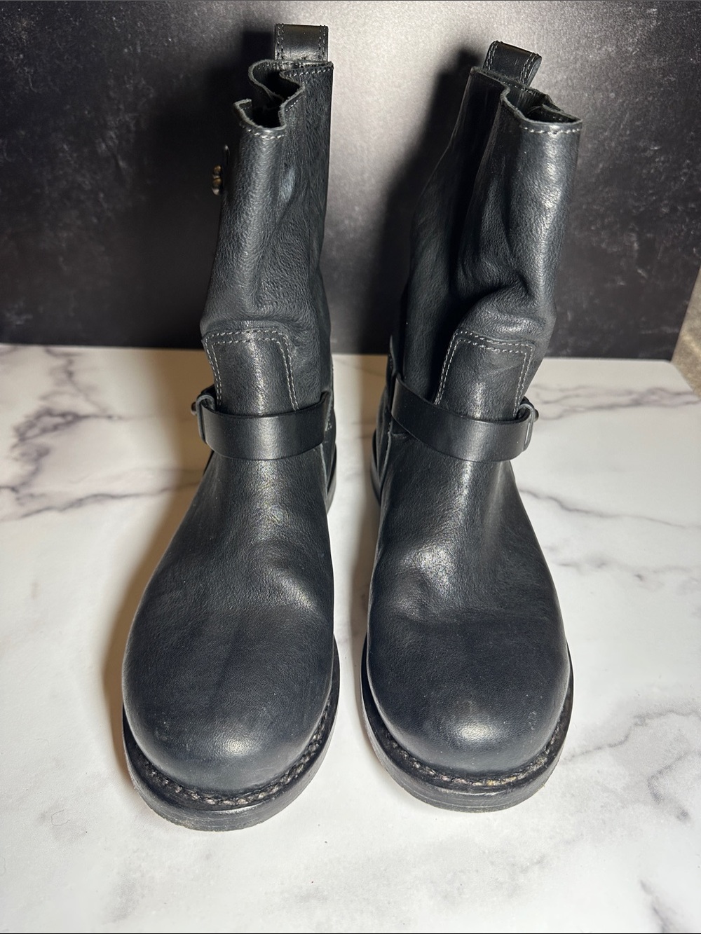 rag & bone Black Leather Mid-Calf Strap Combat Boots